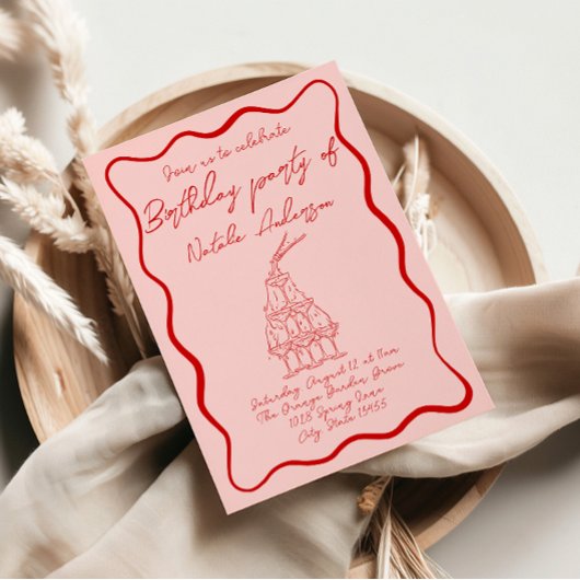 Retro Hand getekend Rood Roze Wavy 70s Verjaardags Kaart