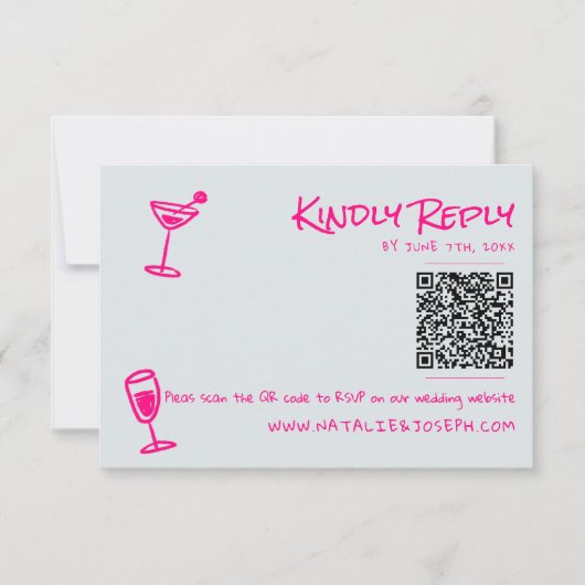 Retro Hand getekend Roze Funky QR Code Huwelijk RSVP Kaartje (Voorkant)