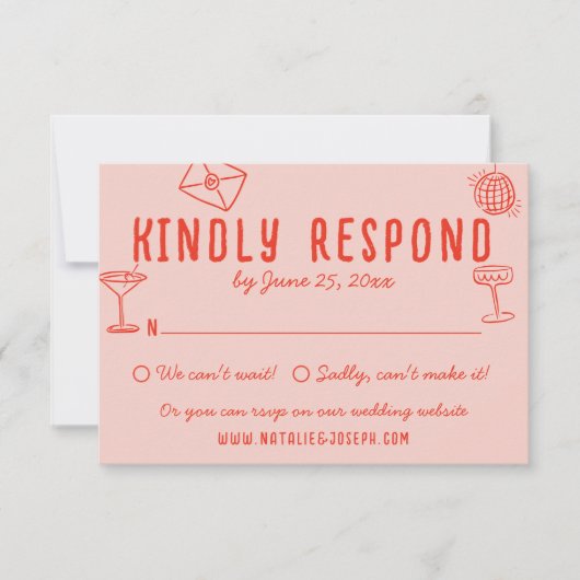 Retro Hand getekend Roze Rood Unieke eigenzinnige RSVP Kaartje (Voorkant)