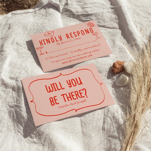 Retro Hand getekend Roze Rood Unieke eigenzinnige RSVP Kaartje