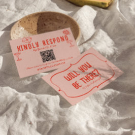 Retro Hand getekend Roze Rood Unieke QR Code Huwel RSVP Kaartje