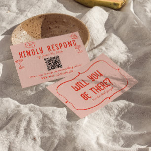 Retro Hand getekend Roze Rood Unieke QR Code Huwel RSVP Kaartje