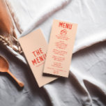 Retro Hand getekend Sinaasappel rood kleurrijke br Menu<br><div class="desc">Een kleurrijke retro funky moderne perzik sinaasappel bruiloft diner menu. Met een chique sjabloon ontwerp van boho  perzik achtergrond en rood vet typografie. En Hand getrokken stuk taart en hand geschreven hele script. Perfect en passend bij de hele suite.</div>