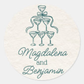 Retro Hand getekende Blauwgroen Champagne Tower na Ronde Sticker (Voorkant)