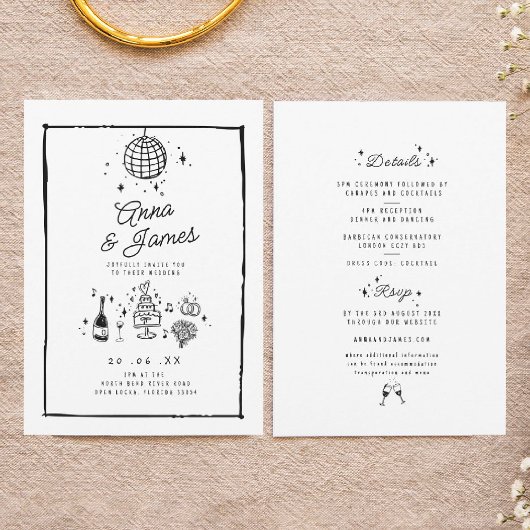 Retro hand getekende grillige trendy funky bruilof kaart