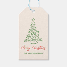 Retro  Hand getekende Unieke Boom Kerst Cadeaulabel