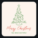 Retro  Hand getekende Unieke Boom Kerst Vierkante Sticker<br><div class="desc">Als u op zoek bent naar een eenvoudig minimalistisch mooi en gemakkelijk bewerkbaar Kerst sticker ontwerp. Deze is perfect voor jou. En zoals je ziet is het ontwerp voorzien van een groene hand gemaakt en getrokken kerstboom. Met een grillige rode hand geschreven typografie van Merry Christmas. En je familienaam in...</div>