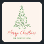 Retro  Hand getekende Unieke Boom Kerst Vierkante Sticker<br><div class="desc">Als u op zoek bent naar een eenvoudig minimalistisch mooi en gemakkelijk bewerkbaar Kerst sticker ontwerp. Deze is perfect voor jou. En zoals je ziet is het ontwerp voorzien van een groene hand gemaakt en getrokken kerstboom. Met een grillige rode hand geschreven typografie van Merry Christmas. En je familienaam in...</div>