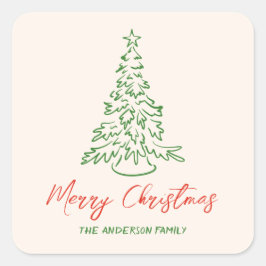 Retro  Hand getekende Unieke Boom Kerst Vierkante Sticker