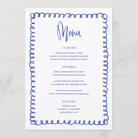 Retro Hand Getrokken Blauw Frans Huwelijk Menu (Voorkant)