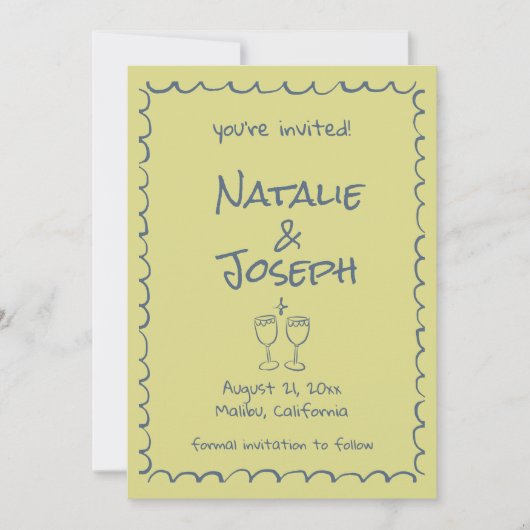 Retro Hand Getrokken Blauw Groen Funky Boho Weddin Save The Date (Voorkant)