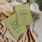 Retro Hand Getrokken Blauw Groen Funky Boho Weddin Save The Date