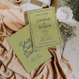 Retro Hand Getrokken Blauw Groen Funky Boho Weddin Save The Date