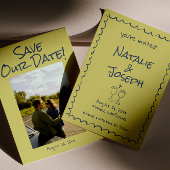 Retro Hand Getrokken Blauw Groen Funky Foto Huweli Save The Date