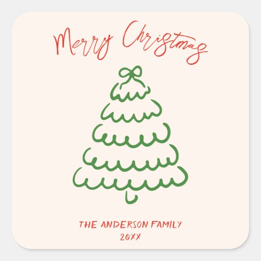Retro Hand getrokken Boog Tree Unique Christmas Vierkante Sticker (Voorkant)