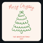 Retro  Hand getrokken Boog Tree Unique Christmas Vierkante Sticker<br><div class="desc">Als u op zoek bent naar een eenvoudig minimalistisch mooi en gemakkelijk bewerkbaar Kerst sticker. Deze is perfect voor jou. En zoals je ziet is het ontwerp voorzien van een groene hand gemaakt en getrokken kerstboom en een lint aan de bovenkant. Met een grillige rode hand geschreven typografie van MERRY...</div>