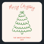 Retro  Hand getrokken Boog Tree Unique Christmas Vierkante Sticker<br><div class="desc">Als u op zoek bent naar een eenvoudig minimalistisch mooi en gemakkelijk bewerkbaar Kerst sticker. Deze is perfect voor jou. En zoals je ziet is het ontwerp voorzien van een groene hand gemaakt en getrokken kerstboom en een lint aan de bovenkant. Met een grillige rode hand geschreven typografie van MERRY...</div>