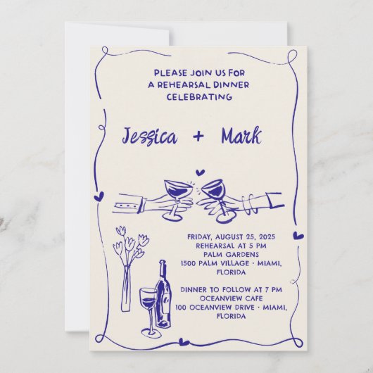 Retro Hand getrokken bruiloft repetitie diner Kaart (Voorkant)