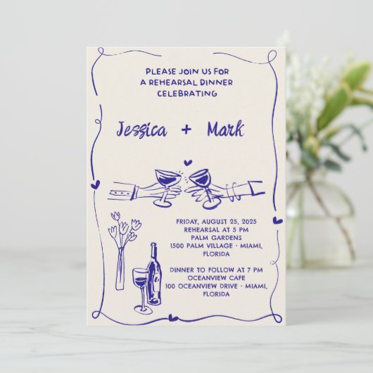 Retro Hand getrokken bruiloft repetitie diner Kaart (Staand voorkant)