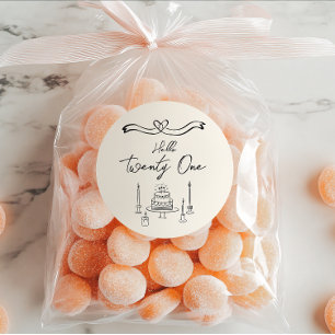 Retro Hand Getrokken Cake Kaarsen Fun 21st Verjaar Ronde Sticker