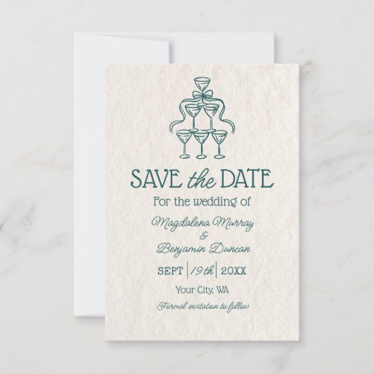 Retro Hand getrokken Champagne Toren Foto bruiloft Save The Date (Voorkant)