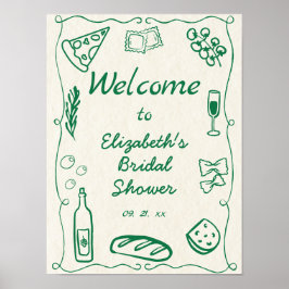 Retro Hand getrokken Doodle Italiaans eten Groen W Poster
