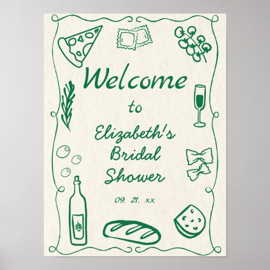 Retro Hand getrokken Doodle Italiaans eten Groen W Poster (Voorkant)