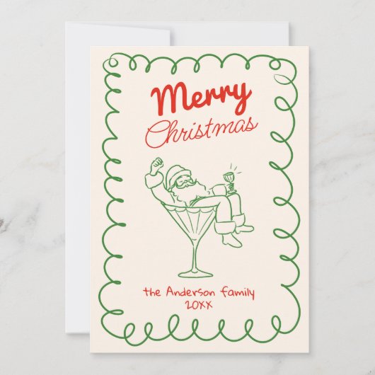 Retro Hand getrokken Fun Santa Champagne Kerstmis Feestdagenkaart (Voorkant)
