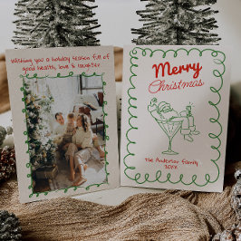 Retro Hand getrokken Fun Santa Champagne Kerstmis Feestdagenkaart