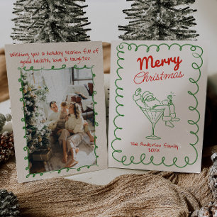 Retro Hand getrokken Fun Santa Champagne Kerstmis Feestdagenkaart