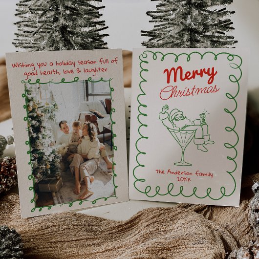 Retro Hand getrokken Fun Santa Champagne Kerstmis Feestdagenkaart