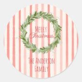Retro Hand getrokken groene rode kerstkrans Ronde Sticker (Voorkant)