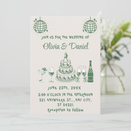 Retro Hand getrokken groene taart Moderne bruiloft Kaart (Staand voorkant)