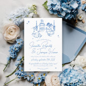 Retro Hand Getrokken Krabbel Blauw & Wit Huwelijk Kaart
