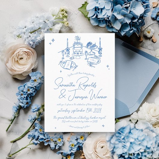 Retro Hand Getrokken Krabbel Blauw & Wit Huwelijk Kaart