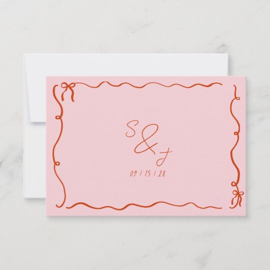 Retro Hand Getrokken Krabbel Roze & Rode bruiloft RSVP Kaartje (Voorkant)