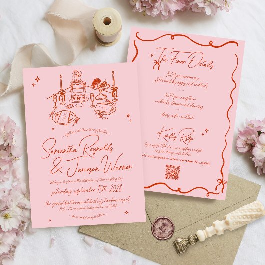 Retro Hand Getrokken Krabbel Roze & Rood Funky Wed Kaart