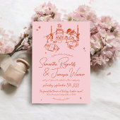 Retro Hand Getrokken Krabbel Roze & Rood Funky Wed Kaart