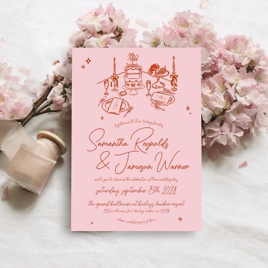 Retro Hand Getrokken Krabbel Roze & Rood Funky Wed Kaart