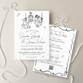 Retro Hand Getrokken Krabbel Zwart & Wit Trouwen Kaart