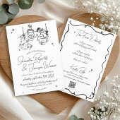 Retro Hand Getrokken Krabbel Zwart & Wit Trouwen Kaart