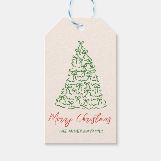 Retro  Hand Getrokken Linten Boom Kerst Cadeaulabel (Voorkant)