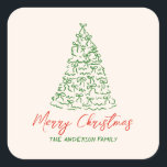 Retro  Hand Getrokken Linten Boom Kerst Vierkante Sticker<br><div class="desc">Zoals u ziet,  is het ontwerp voorzien van een unieke groene hand gemaakt en getekende kerstboom gemaakt van linten. Met rode hand geschreven typografie van vrolijk kerstfeest en handgeschreven familienaam in het groen.</div>