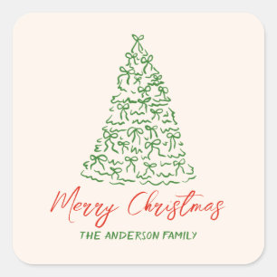 Retro  Hand Getrokken Linten Boom Kerst Vierkante Sticker