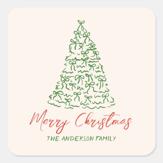 Retro Hand Getrokken Linten Boom Kerst Vierkante Sticker (Voorkant)