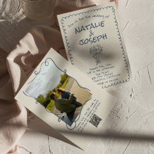 Retro Hand Getrokken Marine blauw QR Code Foto Huw Kaart