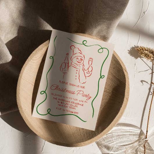 Retro Hand Getrokken Rode Kerst Sneeuwman Partij Kaart