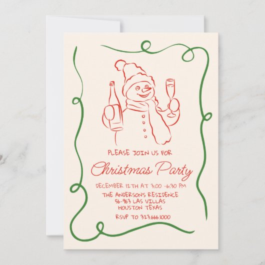 Retro Hand Getrokken Rode Kerst Sneeuwman Partij Kaart (Voorkant)