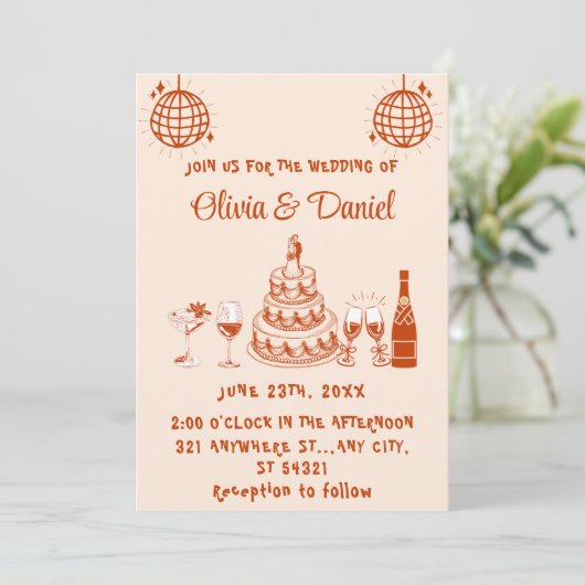 Retro Hand getrokken rode taart Moderne bruiloft Kaart (Staand voorkant)