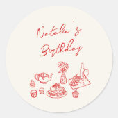Retro Hand Getrokken Rode Tafelgerei Verjaardag Br Ronde Sticker (Voorkant)